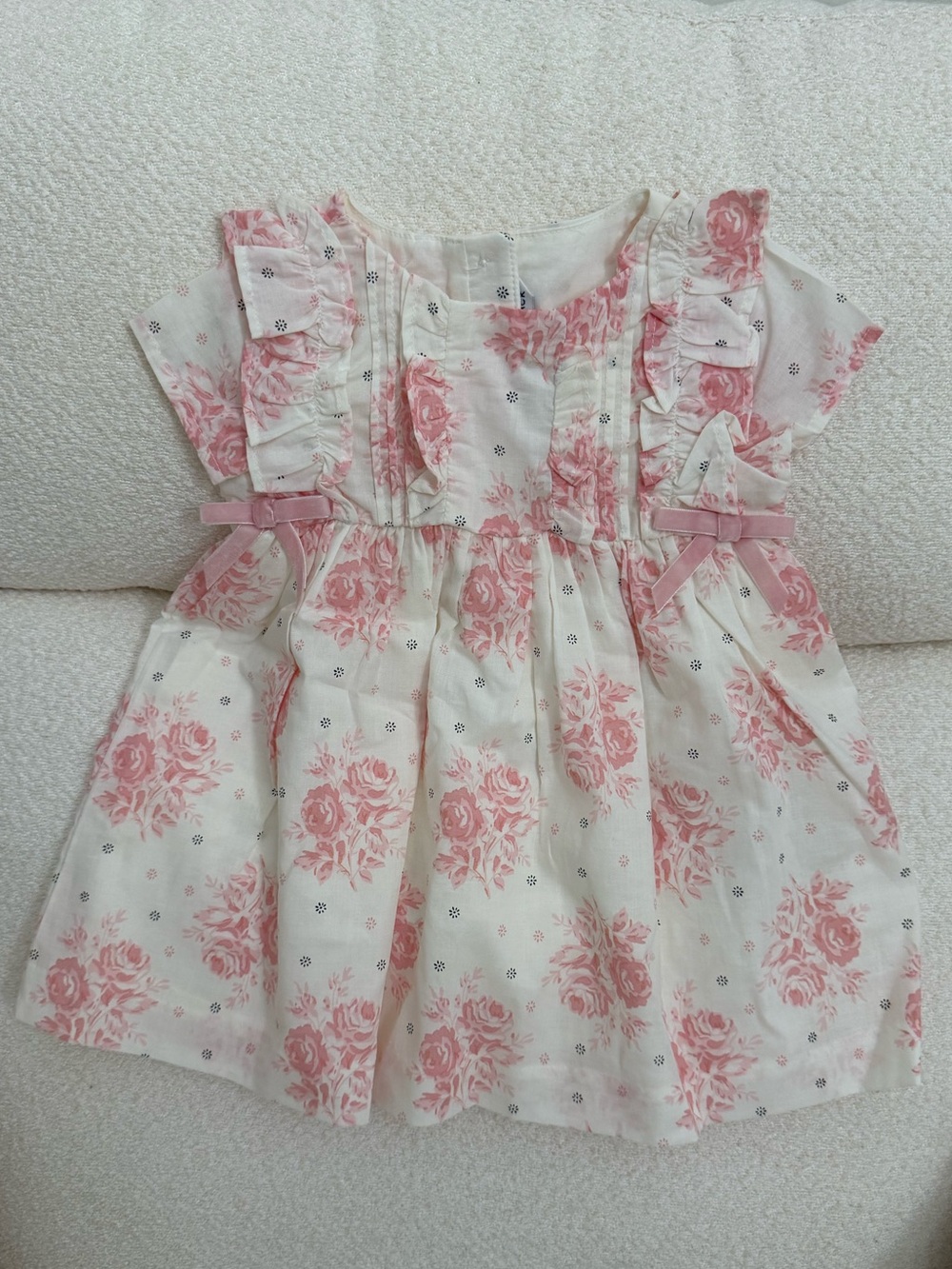 Janie and Jack White Dress with Pink Rose Print and Ruffle Detail